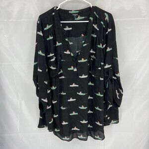 Torrid Women 5X Pug Dog Button Up Top Black Retro Car Roll Tab Sleeve Novelty